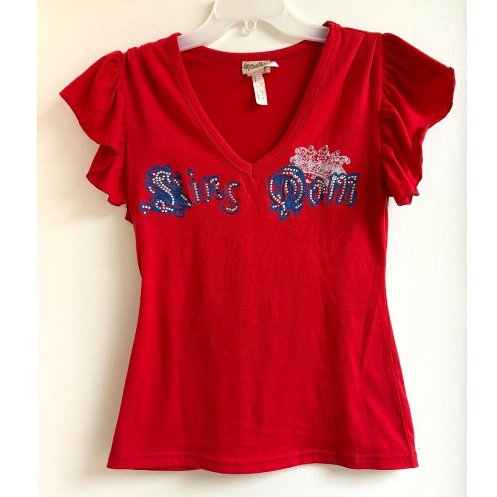 Y2K McBling Graphic Baby Tee Red Rhinestone Crown V Neck Ruffle Club Rave Lion S - Picture 2 of 9